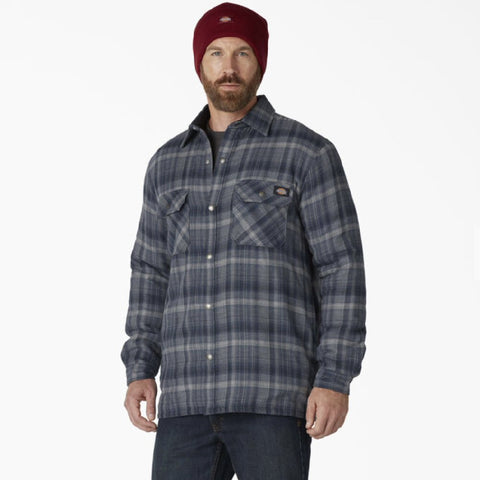 Dickies Men's Sherpa Lined Flannel Shirt Jacket with Hydroshield - Blue Plaid