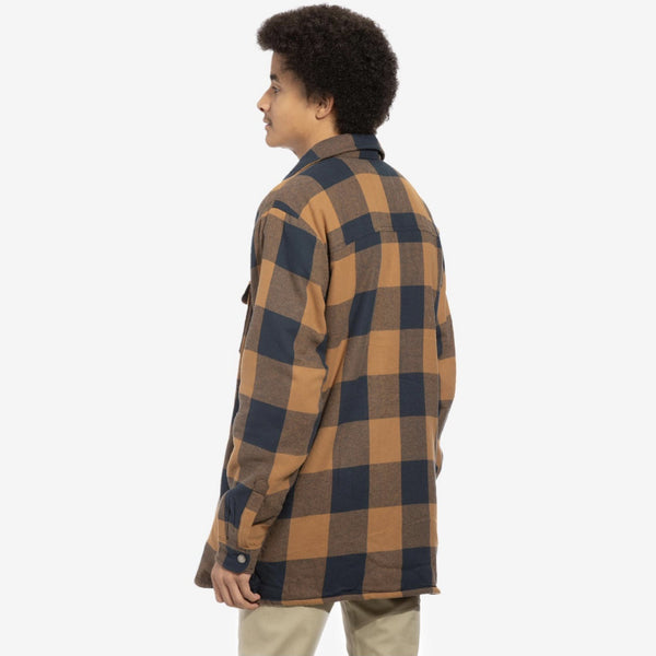 Dickies Men's Sherpa Lined Flannel Shirt Jacket with Hydroshield - Navy/Caramel Buffalo Plaid