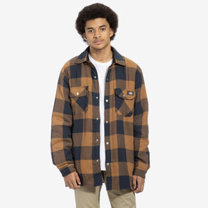 Dickies Men's Sherpa Lined Flannel Shirt Jacket with Hydroshield - Navy/Caramel Buffalo Plaid